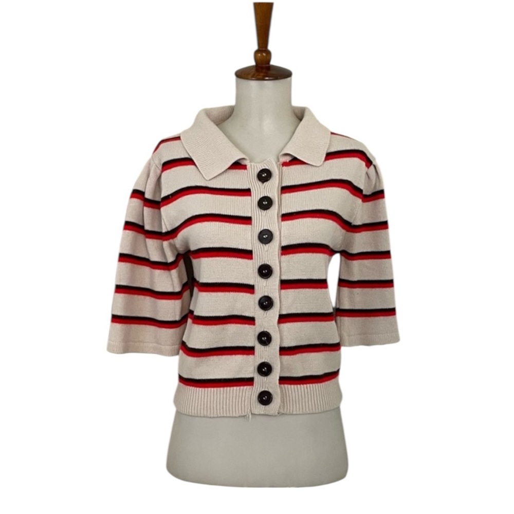 Vintage‎ Italy Striped Cardigan Sweater Women’s M Button-Up Short Sleeve Crop